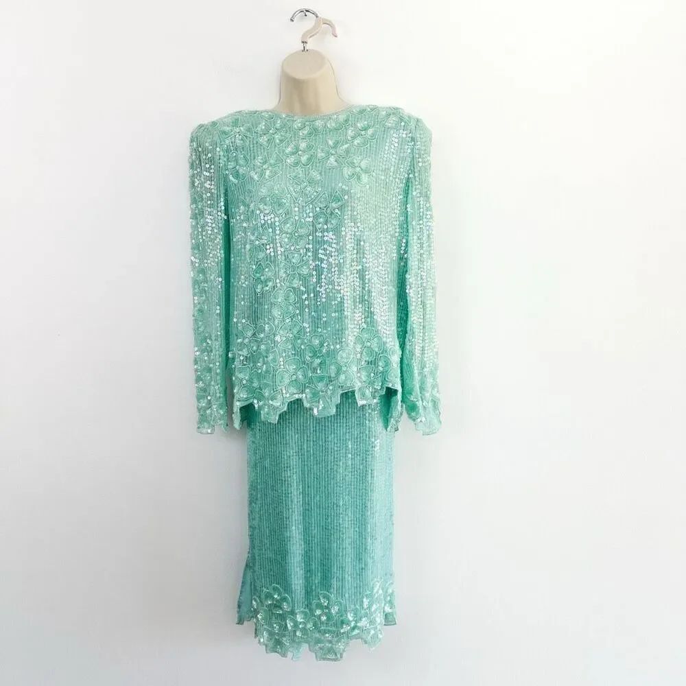 Laurence Kazar Women’s Silk Misty Light Turquoise Heavily Embroidered Beaded and